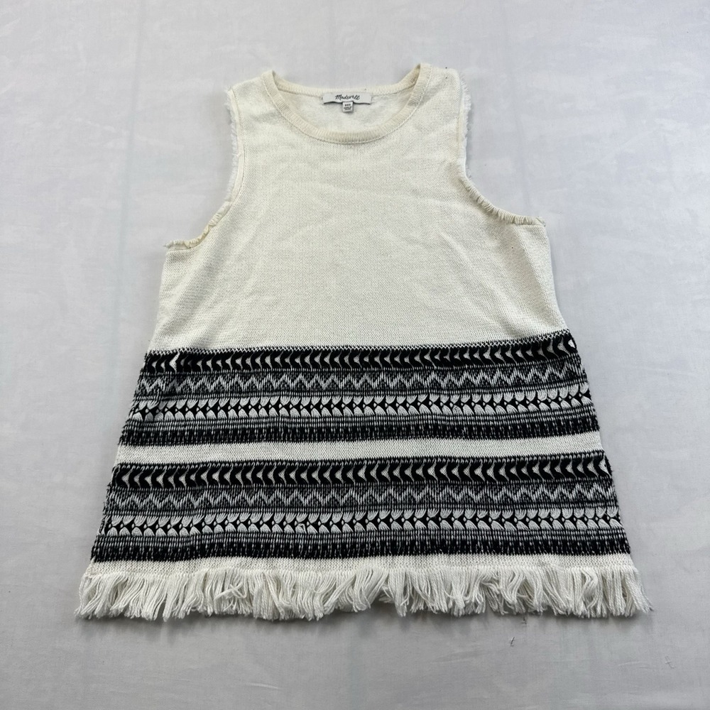 Madewell Women's XXS Ivory Black Fair Isle Knit Sweater Tank Top Fringe Hem Boho